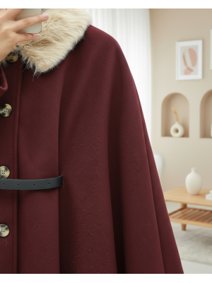 Yakası Kürklü Beli Kemerli Düğmeli Kaşe Panço -Bordo