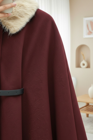 Fur Collar, Belted Waist, Buttoned Cashmere Poncho -Maroon