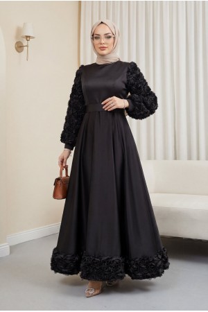 Eteği Ve Kolları Gül Detaylı Saten Abiye -Siyah