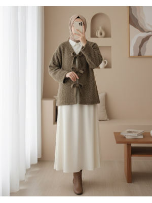 Önü Bağlamalı Kırçıllı Kaşe Ceket  -Açık Kahve