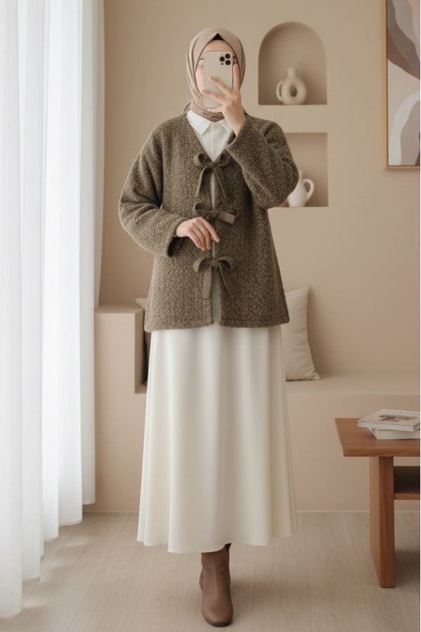 Front Tie Flecked Cashmere Jacket  -Light coffee