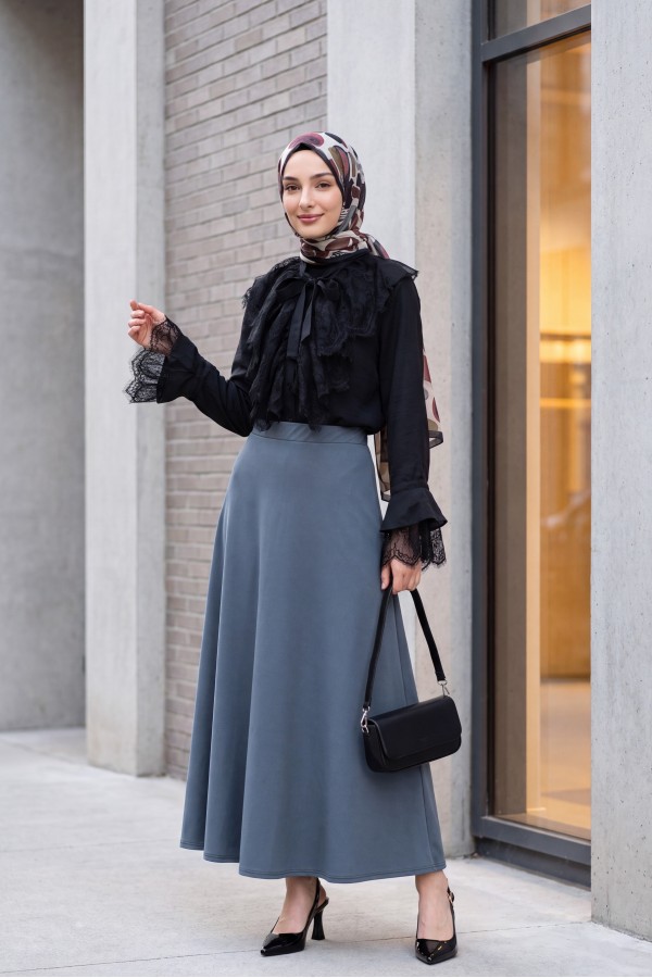 Elasticated Waist Imported Lycra Crepe Flared Skirt -Smoked 