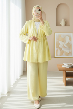 Taşlı Bol Paça Pantolonlu Tünel Bağcıklı Kimono Takım -Sarı