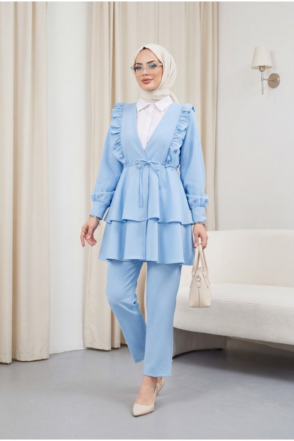 Önü Fırfırlı Bağcıklı Eteği Katlı Pantolonlu Kimono Takım    -Bebe Mavi