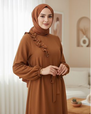 Fırfır Taş Detaylı Parça Eteklii Kemerli Ayrobin Elbise -بني كاشف