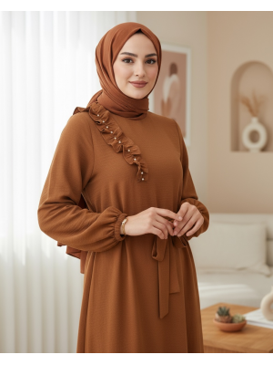 Ruffle Stone Detailed Piece Skirt Belted Ayrobin Dress -Snuff