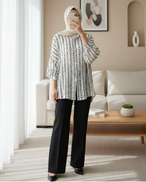 Kadın Siyah Beyaz Desenli Oversize Saten Gömlek 3985
