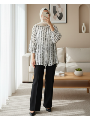 Kadın Siyah Beyaz Desenli Oversize Saten Gömlek 3985