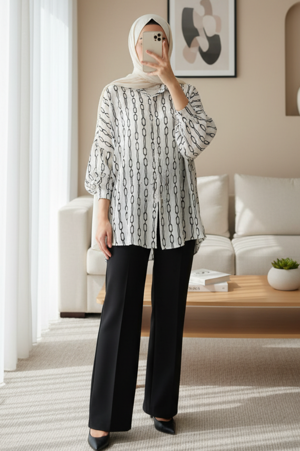 Women's Black and White Patterned Oversize Satin Shirt 3985