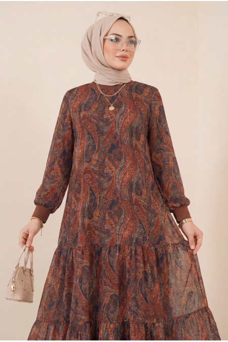 Etnik Desen Eteği Parçalı Astarlı Şifon Elbise -Kahve