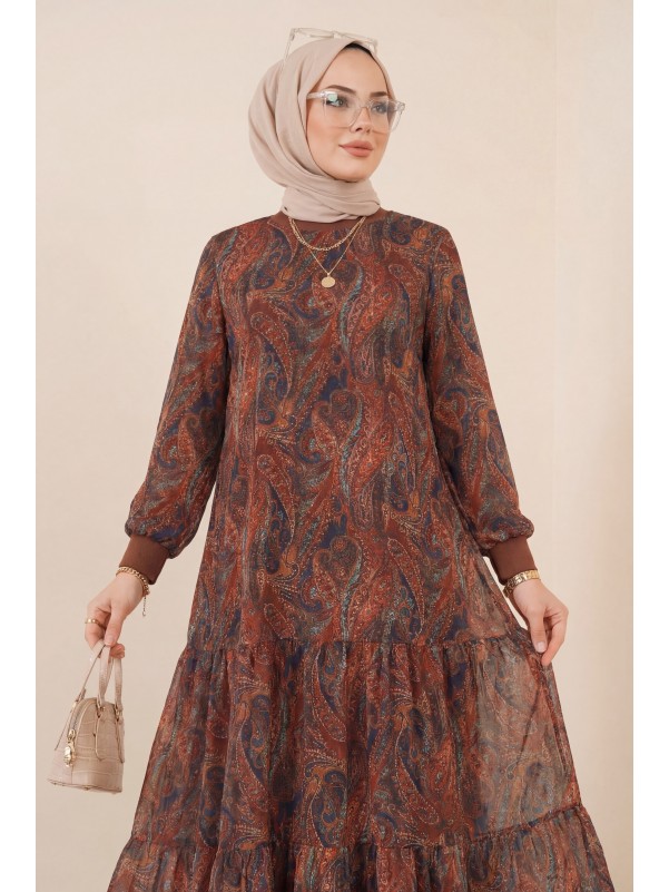 Batik Baskılı Astarlı Şifon Elbise