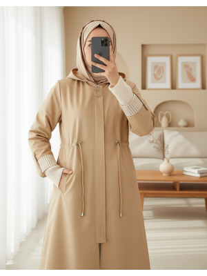 9091 Beli Büzgülü Kapşonlu Trençkot - Bej