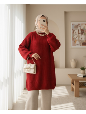 Balloon Sleeve Yumoş Knitted Knitwear Tunic  -Red