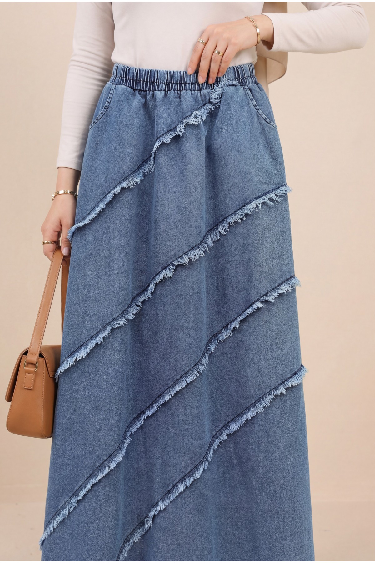 Elastic Waist Denim Skirt with Tassel Detail  -Blue
