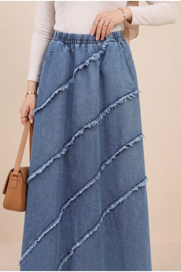 Elastic Waist Denim Skirt with Tassel Detail  -Blue