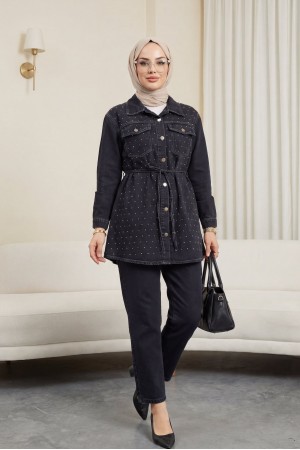 Serpme Taşlı Düğmeli Ceket Pantolon Kot Takım  -Siyah