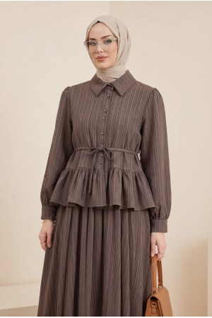 Skirt Suit with Frilled Buttons and Tied Waist  -Brown
