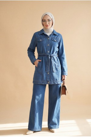 Düğmeli Beli Kemerli Cepli Kot İkili Takım  -Mavi