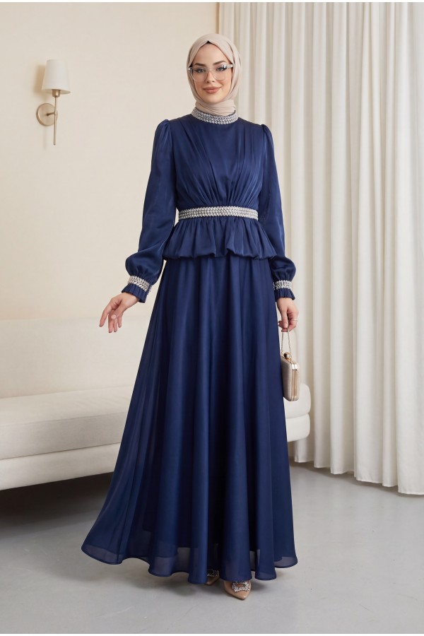 Satin Evening Dress with Ruffled Waist Detail and Rhinestone Embellishments -Navy blue
