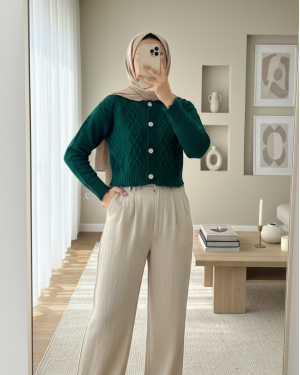 Stone Button Ripped Crop Cardigan -Emerald