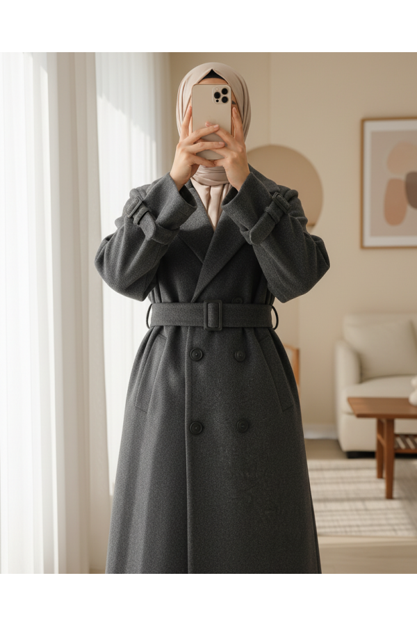 Buttoned Front, Belted Waist and Sleeves, Pockets, Lined Cashmere Coat -Smoked 