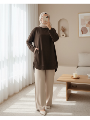 Oysho Sweat with Oval Cut Slit Skirt -Brown