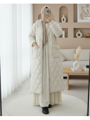 Long Quilted Coat with Pocket, Hood, Zipper and Lining -Cream color