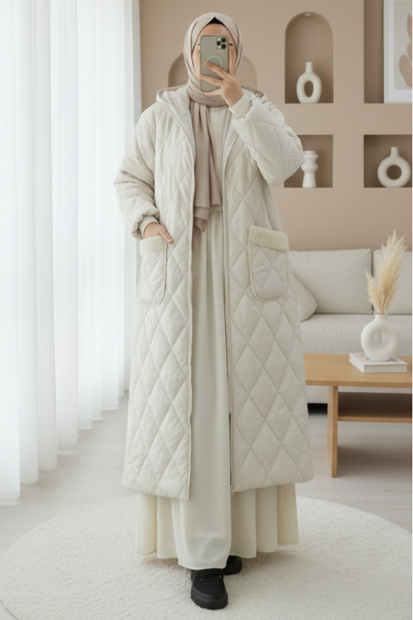 Long Quilted Coat with Pocket, Hood, Zipper and Lining -Cream color