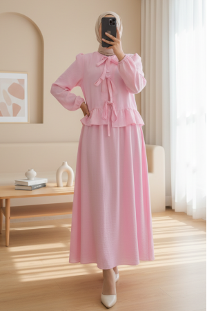 Önü Bağcıklı Kolu Lastikli Etekli Takım  -Pembe