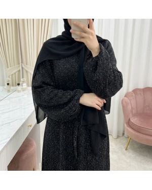 Mandarin Collar Belted Dress with Stone Embellishments and Lining -Black