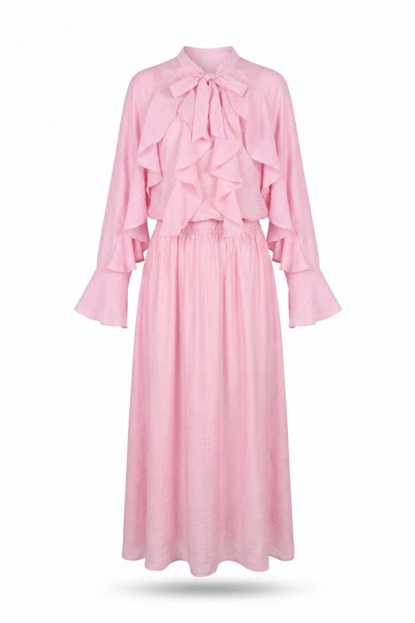 Lace-up Neckline Ruffle Detail Lined Modal Tulle Set -Pink