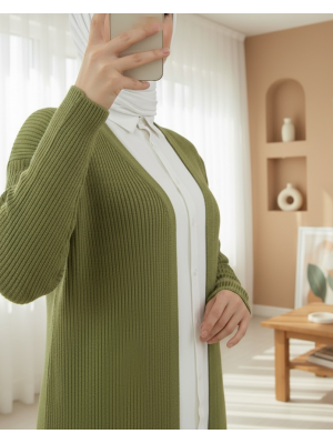 Yanları Yırtmaçlı Fitilli Uzun Triko Hırka  -Haki