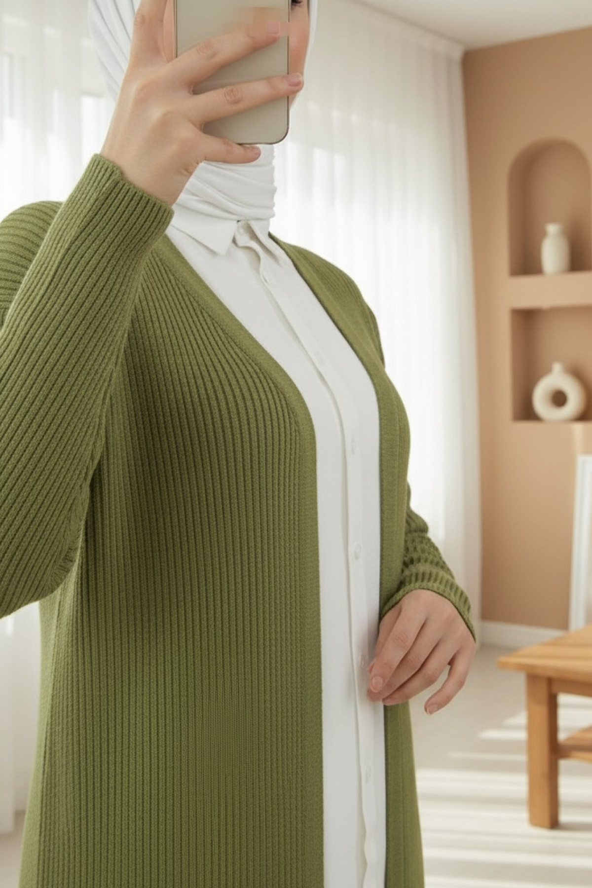 كارديجان طويل محبوك بفتحات جانبية  -خاكي
