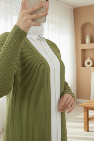 Yanları Yırtmaçlı Fitilli Uzun Triko Hırka  -Haki