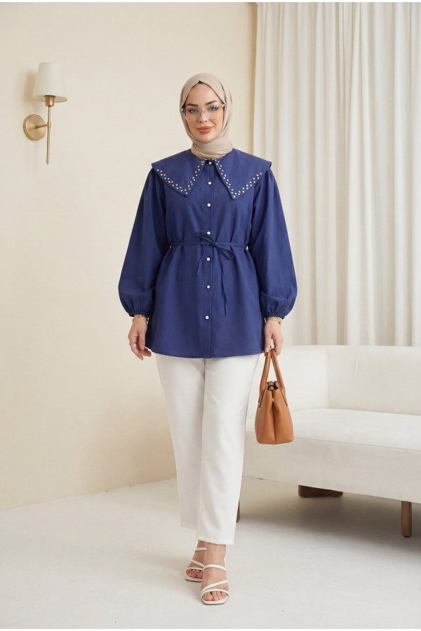 Wide Collar Shirt with Stone Embellished Collar, Elasticated Sleeves, Button Closure and Drawstring -Navy blue