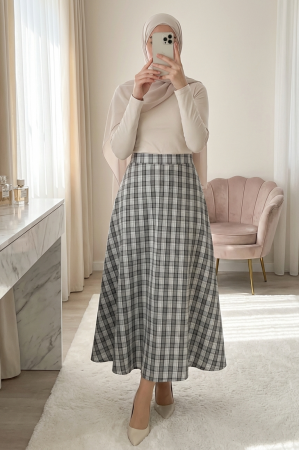 Elasticated Waist Plaid Pattern Polyviscose Skirt - Light grey