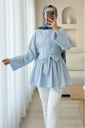 Beli Bağcıklı Boydan Taş Düğmeli Tunik -Bebe Mavi