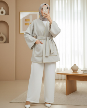 Belted Cashmere Kimono with Piping Detail and Double Pockets - Beige