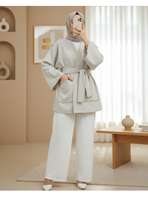 Biye Detaylı Çift Cepli Kuşaklı Kaşe Kimono -Bej