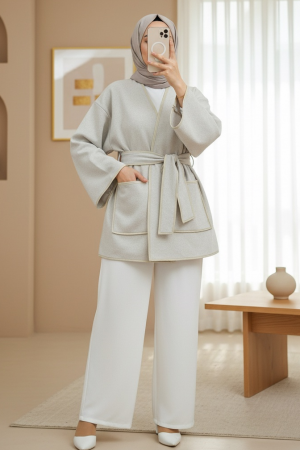 Biye Detaylı Çift Cepli Kuşaklı Kaşe Kimono -Bej