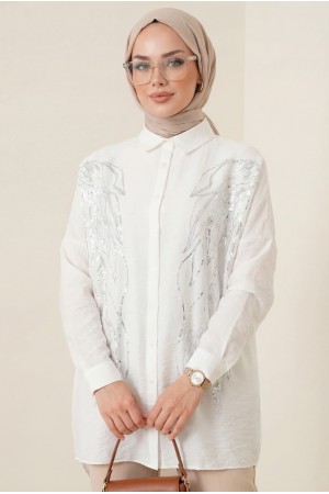 Yaprak Desen Pul Payet Gömlek -Beyaz