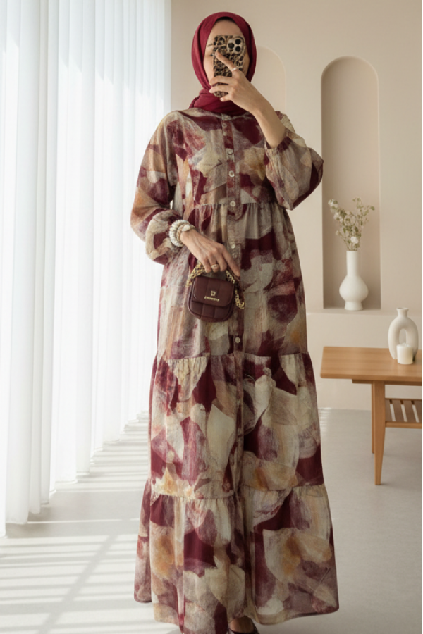 Yarım Düğmeli Kolu Lastikli Batik Desenli Elbise -Bordo