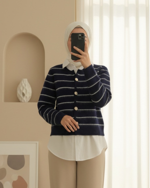 Buttoned Shirt Detailed Knit Cardigan -Navy blue
