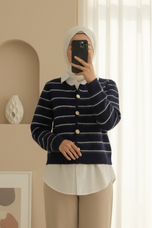 Buttoned Shirt Detailed Knit Cardigan -Navy blue