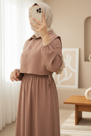 Üstü Gömlek Detaylı Elbise Takım -Vizon