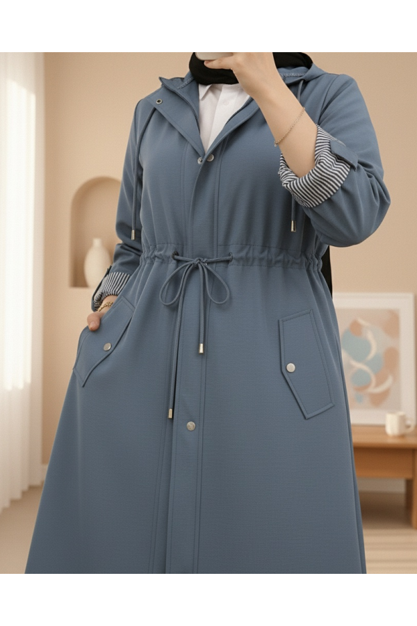 Striped Trench Coat     -İndigo
