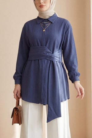 Belden Bağlamalı Fitlli Krinkıl Gömlek   -Laci