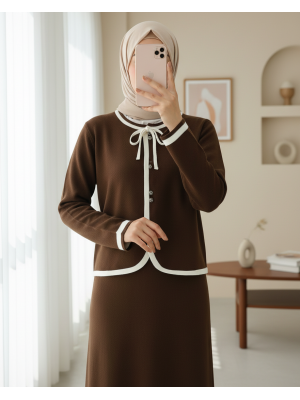 Bağcık Detaylı Şeritli Düğmeli Etekli Triko Takım -Kahve