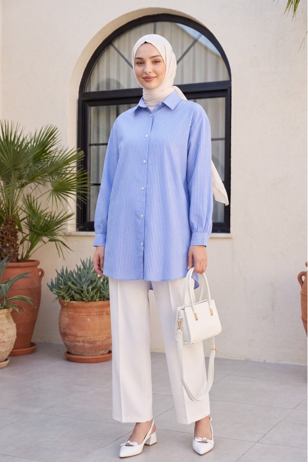 Striped Shirt with Sprinkled Stone Detail -Blue