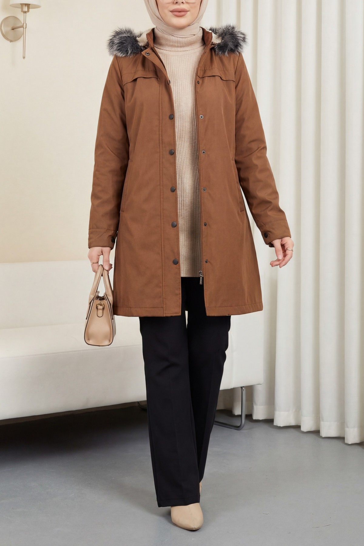 Pull-out Hooded Snap Pocket Short Coat -Snuff